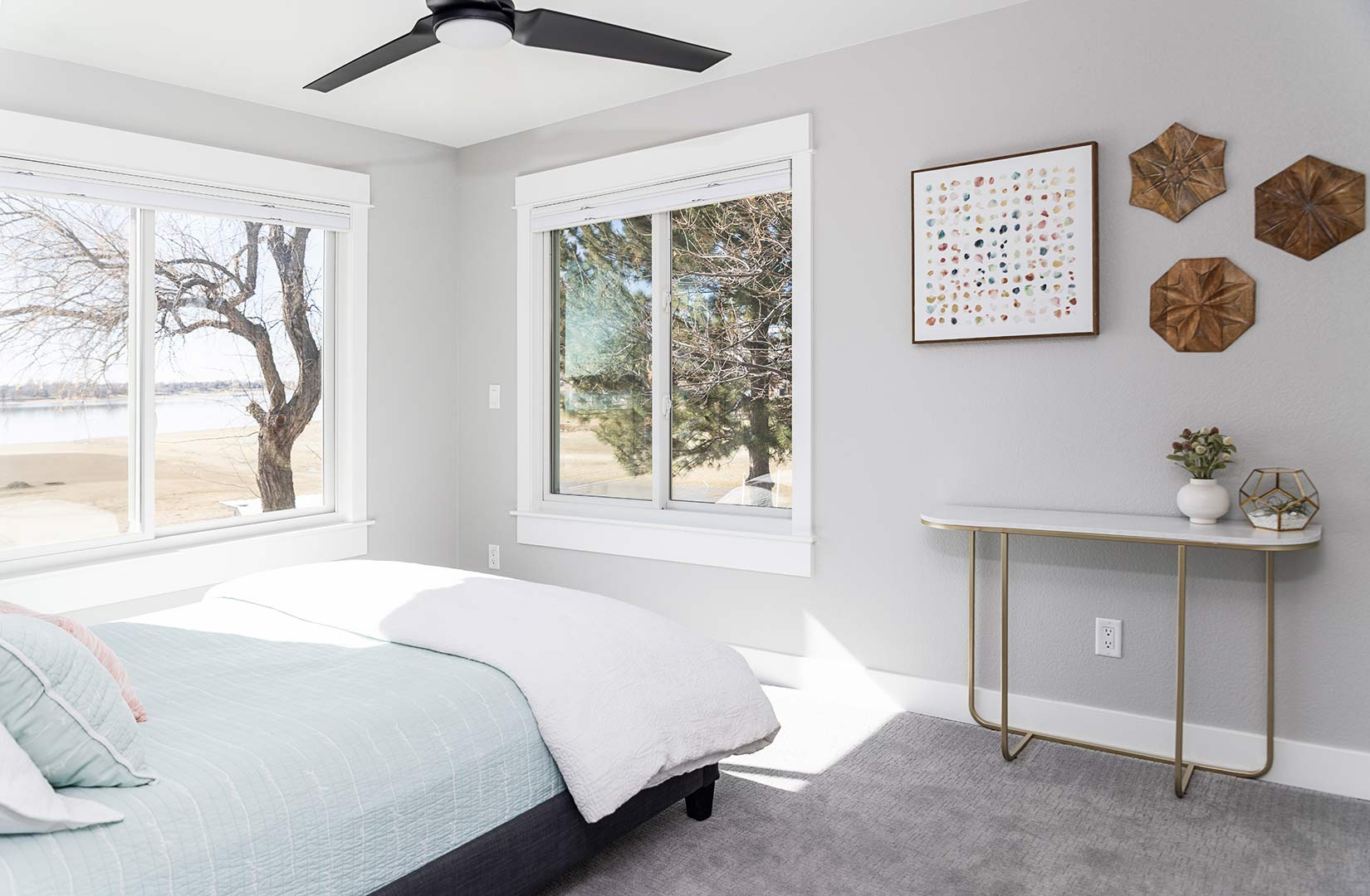 Main bedroom of Janna Drive Project that is styled by Freestone Design-Build.